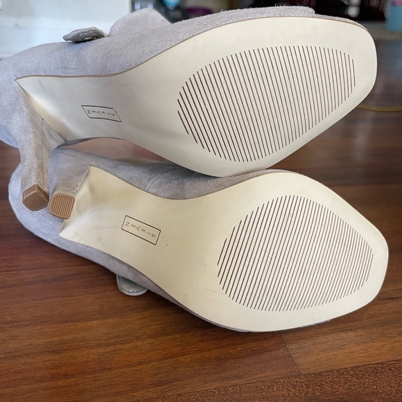 Grey Suede Steven by Steve Madden open toed heeled boots. - Picture 2 of 3